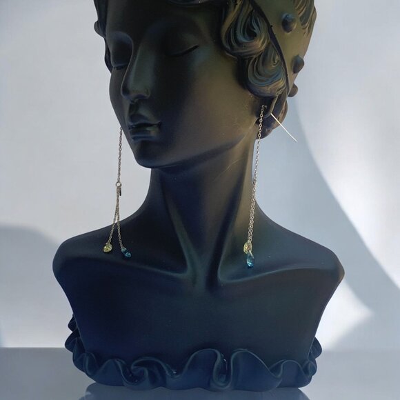 Sterling Silver Chain Drop Earrings With Blue & Green Crystal Accents - Picture 7 of 9